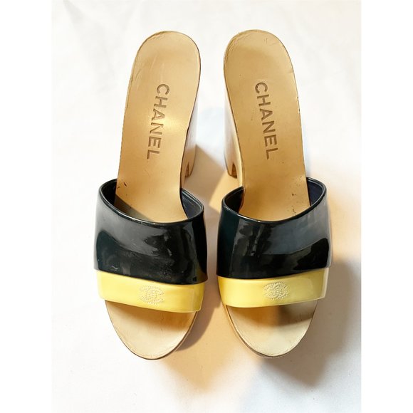 CHANEL Marin Patent Navy/Yellow Leather Platform Wooden Mule Size EU37/US6.5 - Picture 6 of 11
